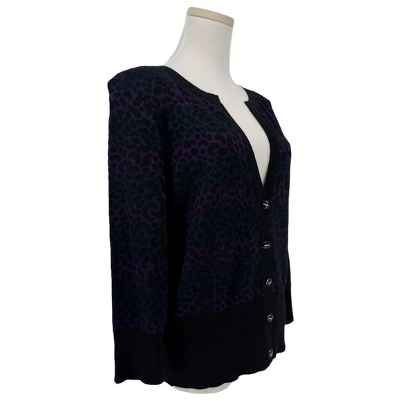 St John Animal Print Cardigan Sweater Purple Blue Black Button Front Women’s M - Picture 4 of 10